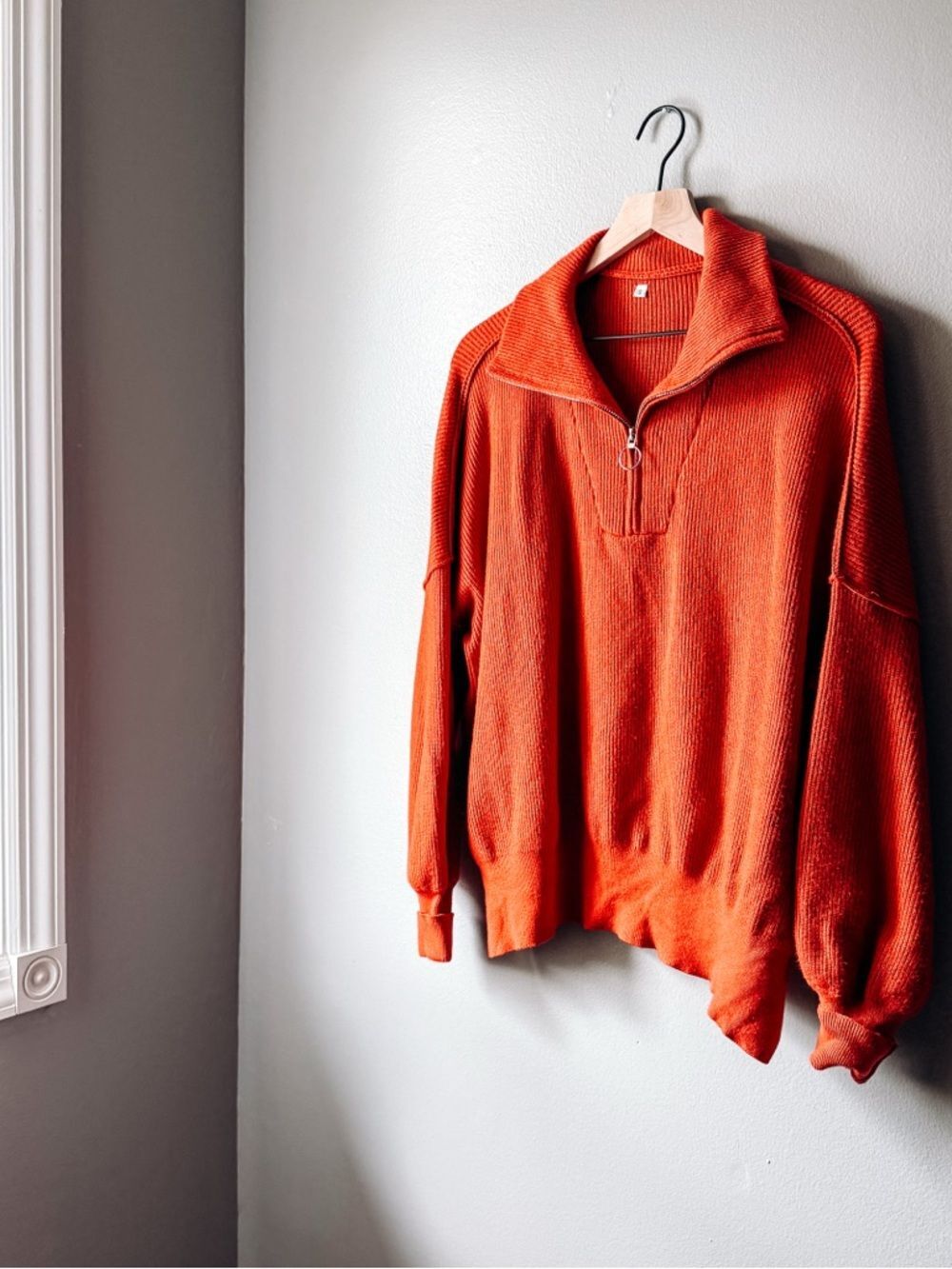 Boutique Red Orange Quarter Zip Sweater Ribbed Knit Pullover Cozy Size S